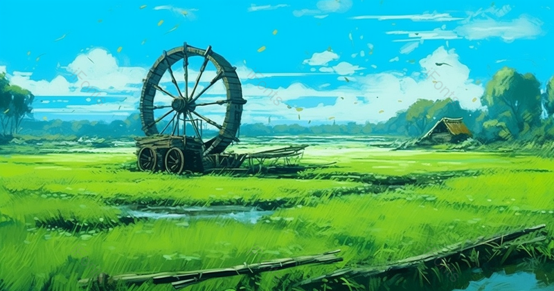 绿色田野草地上放置的水车清新插画背景,插画/手绘图,插画/手绘图库,插画/手绘图下载,插画/手绘